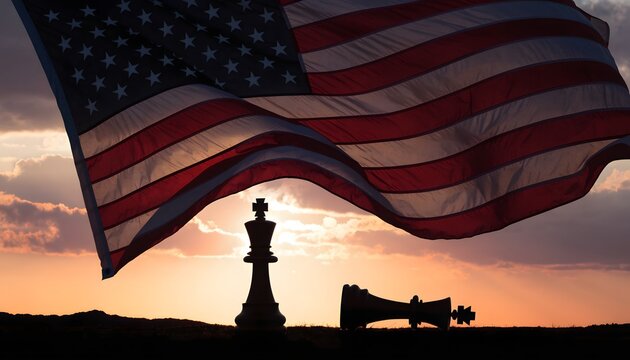 American Flag with Fallen Chess King at Sunset &ndash; Political Conflict and Power Concept