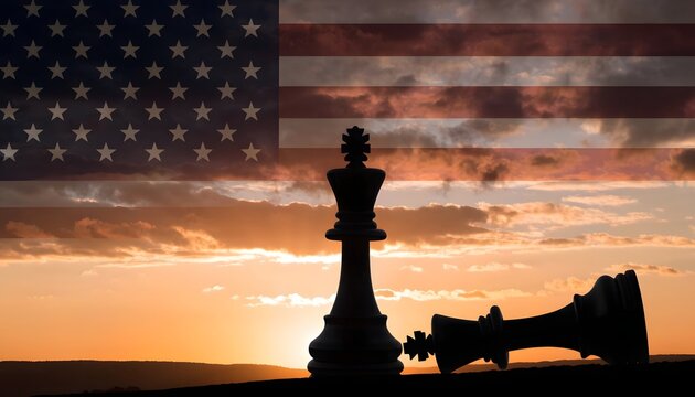 American Flag with Fallen Chess King at Sunset &ndash; Political Conflict and Power Concept