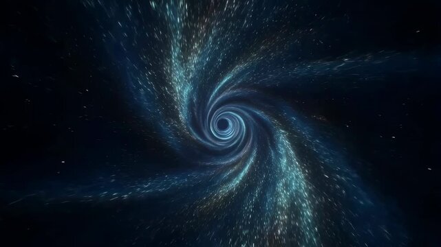 Blue and cyan particles spiral inward through a luminous abstract vortex in a dark digital space. Science presentations, technology intros, and meditation media.