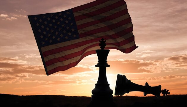 American Flag with Fallen Chess King at Sunset &ndash; Political Conflict and Power Concept