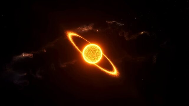 Glowing orange sphere rotates with an elliptical orbital ring in dark space. Science education, physics presentations, and technology explainers.