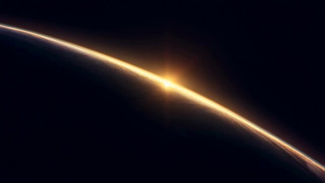 Sun rises over a glowing planetary horizon in outer space. Science education, space documentary intros, and technology presentations.