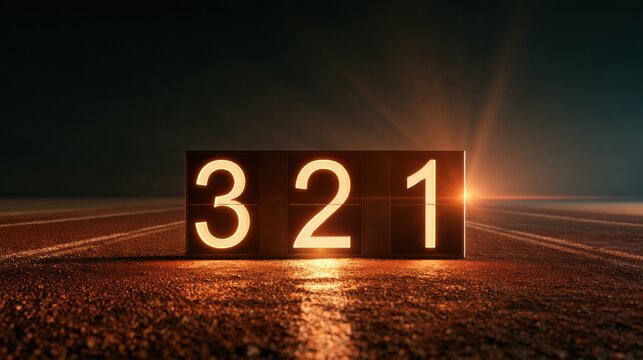 The countdown timer shows numbers three, two, and one at a sports race starting line. Tension rises as the race prepares to begin.