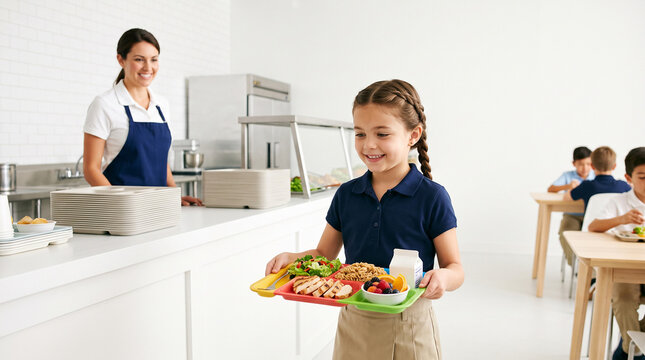 Schoolgirl choosing healthy lunch in school cafeteria