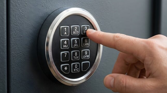 Close-up of human finger entering secret pin code on electronic digital keypad lock of secure steel safe vault door with selective focus