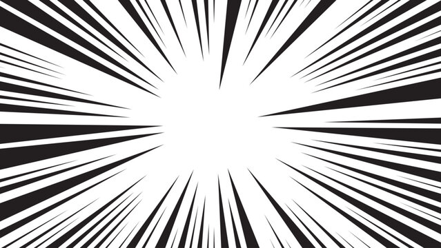 Comic speed line background, manga radial anime. Cartoon emphasis superhero frame, impact burst effect. Splash blast black bg. Graphic boom ray pop art. Abstract action element. Vector illustration