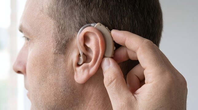 Close-up profile of mature adult man adjusting modern hearing aid behind ear for audiology treatment in bright clinical room