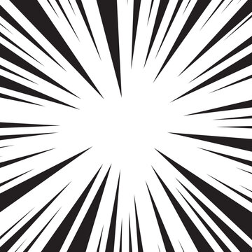 Comic speed line background, manga radial anime. Cartoon emphasis superhero frame, impact burst effect. Splash blast black bg. Graphic boom ray pop art. Abstract action element. Vector illustration