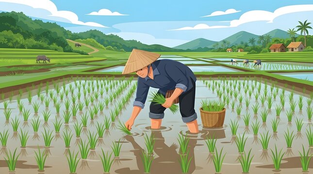 Asian farmer in a conical hat planting rice seedlings in a flooded paddy field during the agricultural season