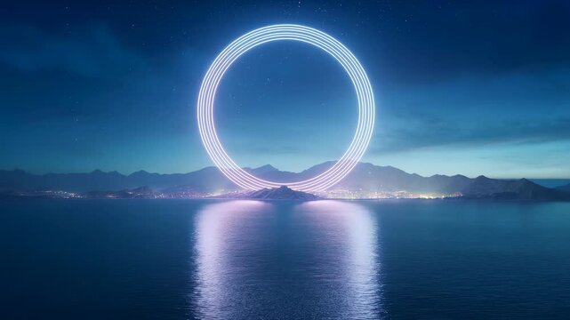 Concentric luminous rings hover above a calm mountain lake at night. Technology presentations, energy industry campaigns, and innovation branding.