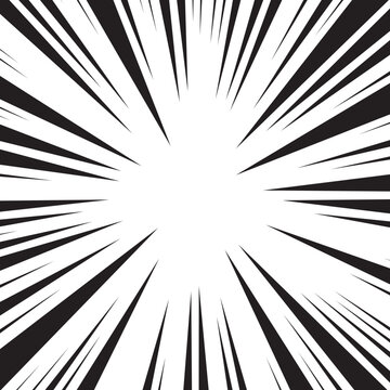 Comic speed line background, manga radial anime. Cartoon emphasis superhero frame, impact burst effect. Splash blast black bg. Graphic boom ray pop art. Abstract action element. Vector illustration