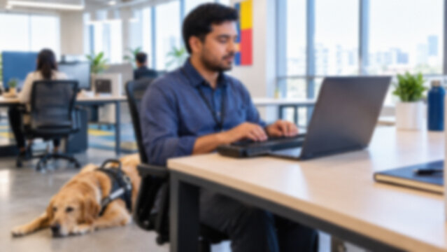 Blurred Blind Professional Using Laptop With Screen Reader And Braille Display.