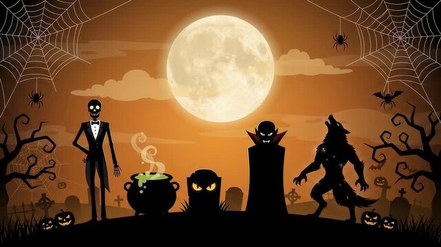 Skeleton vampire and werewolf in spooky graveyard Halloween animation loop
