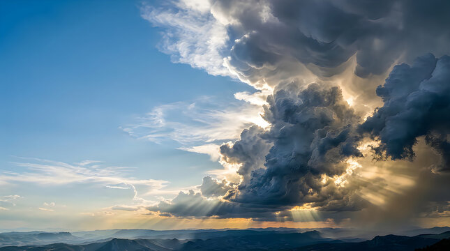 Dramatic sunset sky with dark storm clouds and golden sunlight breaking through the atmosphere over the horizon