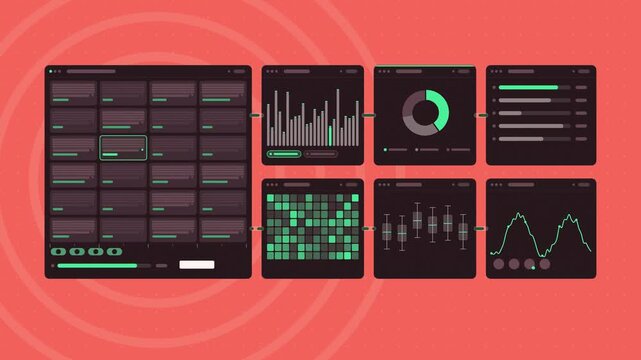 Animated product catalog cards filtering in coral and magenta on a deep dark background. Seamless looping 4K dashboard motion graphics with free space for text, ideal for product videos, business pres