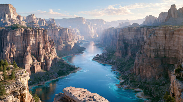 vast deep canyon carved by a winding emerald river, monumental layered cliffs rising on both sides, turquoise water reflecting soft daylight, foreground rock ledge overlooking the immense valley.