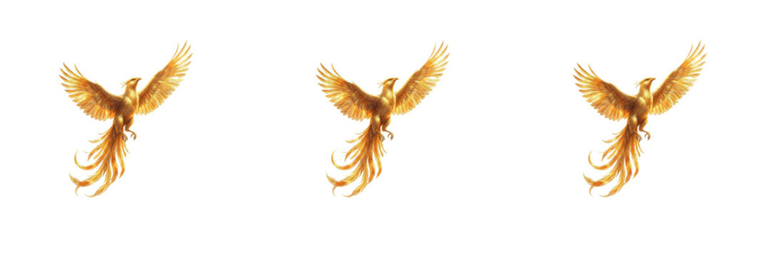 Golden phoenix bird rising in flight, mythical firebird soaring with glowing wings spread and long majestic tail feathers, fantasy creature isolated on white background, PNG graphic asset   