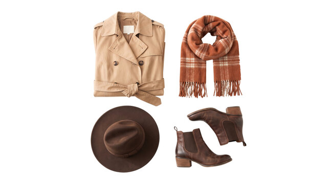 Autumn Women Fashion Outfit with Coat Scarf Hat and Boot Flat Lay