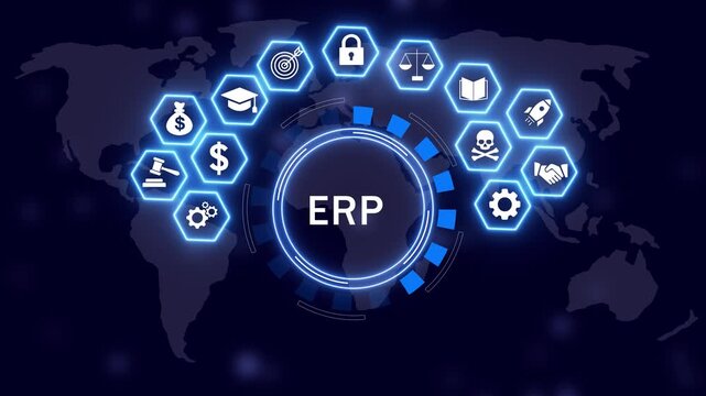 Enterprise resource planning erp software system digital interface with global business management and network connectivity data visualization for corporate strategy and digital transformation