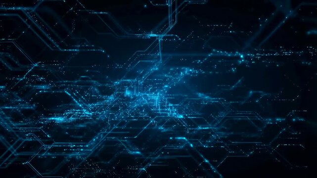 Blue digital network lines and particles flow through a dark futuristic technology background. Technology presentations, cybersecurity advertising, and software promotion.