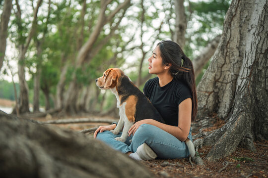 Young woman relaxing with her dog under a large tree in peaceful nature, enjoying companionship, pet bonding, outdoor leisure, friendship,