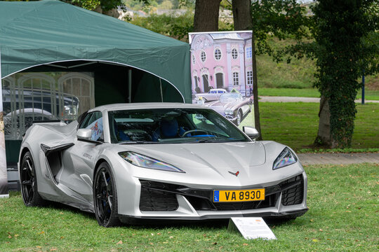 Mondorf-les-Bains, Luxembourg - September 13th 2026 : View on a grey Chevrolet Corvette C8 E-Ray parked on a lawn.
