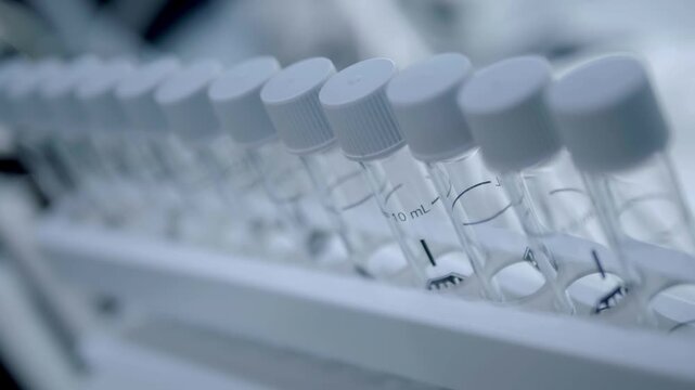 Rows of empty test tubes stand in racks in a medical laboratory. Closeup. Follow focus