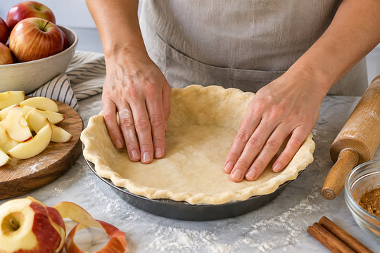 Adult hands pressing pastry for an apple pie