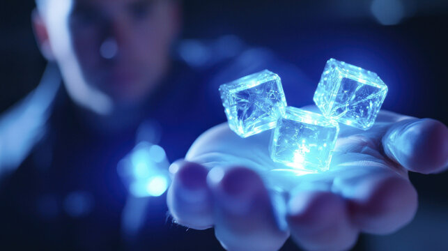 Glowing ice cubes in hand create mesmerizing effect, showcasing blend of technology and magic