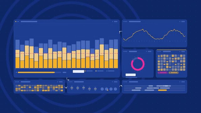 Animated material procurement deliveries stocking in blue and cyan on a deep dark background. Seamless looping 4K dashboard motion graphics with free space for text, ideal for product videos, business