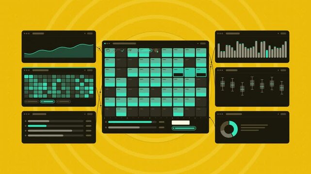 Animated tenant occupancy units leasing in yellow and gold on a deep dark background. Seamless looping 4K dashboard motion graphics with free space for text, ideal for product videos, business present