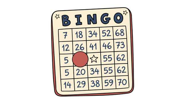 A hand-drawn illustration of a Bingo game card with various numbers, a red marker, and a star, set against a white background.