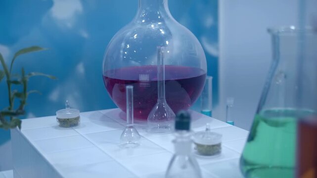 On the laboratory table are several flasks with multi-colored solutions, ready for further reactions in the process of scientific research. Closeup. Shot in motion. Follow focus