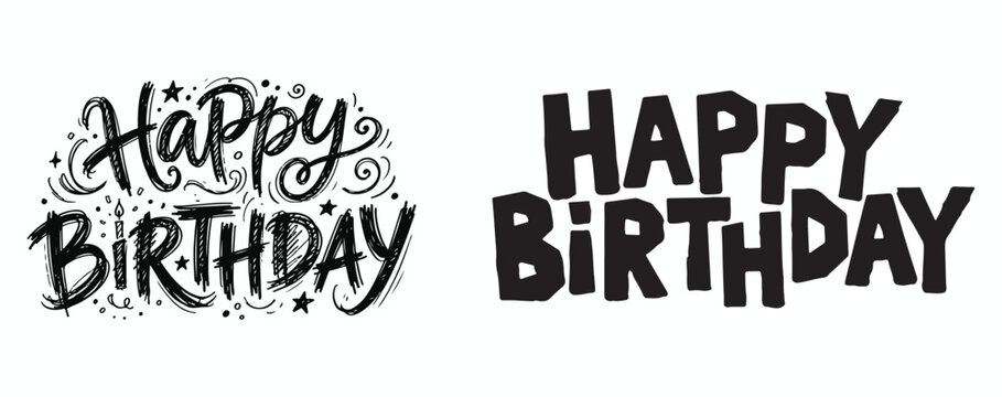 Two variants of happy birthday hand lettering in decorative brush style with brush stroke