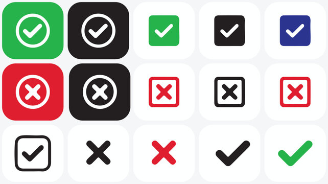 Collection of check mark and cross mark icons in various styles and colors with tick icon