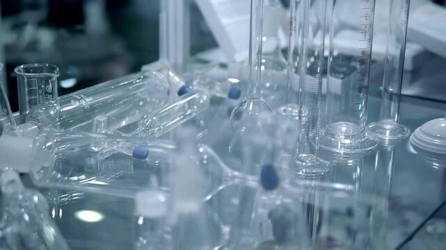 A variety of new laboratory glassware is displayed on shelves at the exhibition. Closeup. Shot in motion. Follow focus