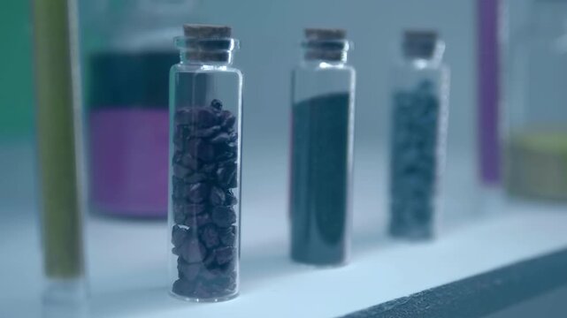 On a white shelf in a chemistry lab are samples of chemical reagents in flasks. Closeup. Follow focus