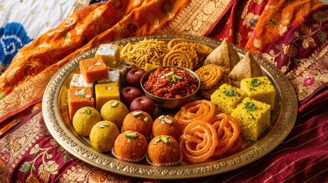 Assortment of traditional indian sweets displayed beautifully on a decorative silver platter with vibrant fabrics