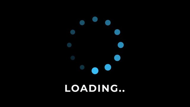 Loading spinner icon with circular dots and loading text, buffering wait progress status design. 4k video