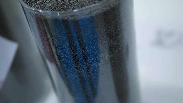 Samples of technical metal shots in glass containers are on display at the exhibition. Closeup. Shot in motion