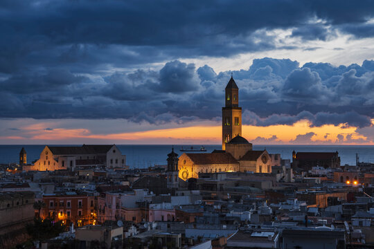 Bari Cathedral at Dawn in Puglia Italy cityscape with sea view