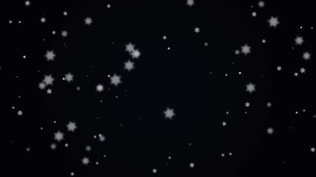 Macro-style 4K stock video of detailed snowflakes drifting slowly toward the camera with varying particle sizes, realistic depth of field, soft winter lighting, and a seamless loop.