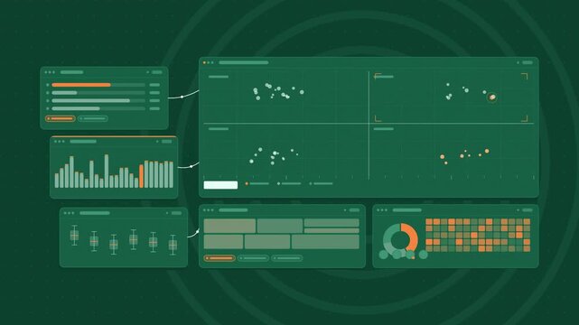 Animated menu engineering dishes plotted in green and teal on a deep dark background. Seamless looping 4K dashboard motion graphics with free space for text, ideal for product videos, business present