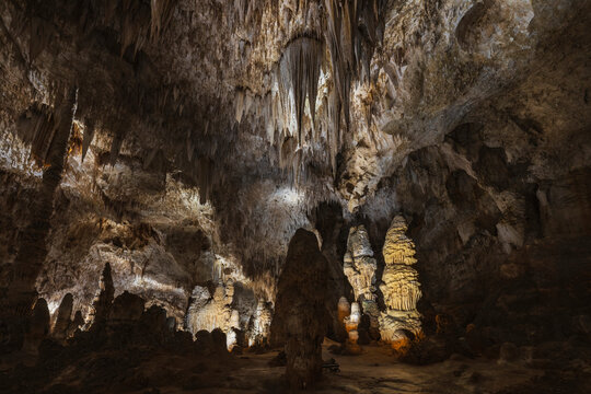 Carlsbad caverns underground chamber with stalagmites and stalactites