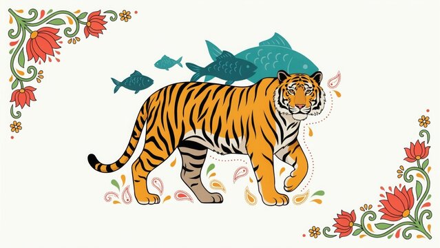 A majestic tiger walking with swimming fish in a traditional decorative floral indian folk art style design