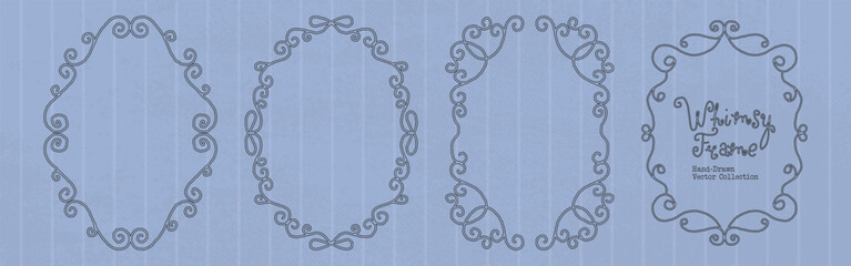 Obraz premium Elegant whimsy hand drawn frames with curly scroll borders, ornate shapes and a delicate bow detail. Whimsical doodle frame collection for wedding invitations, baby shower cards, menus, labels.