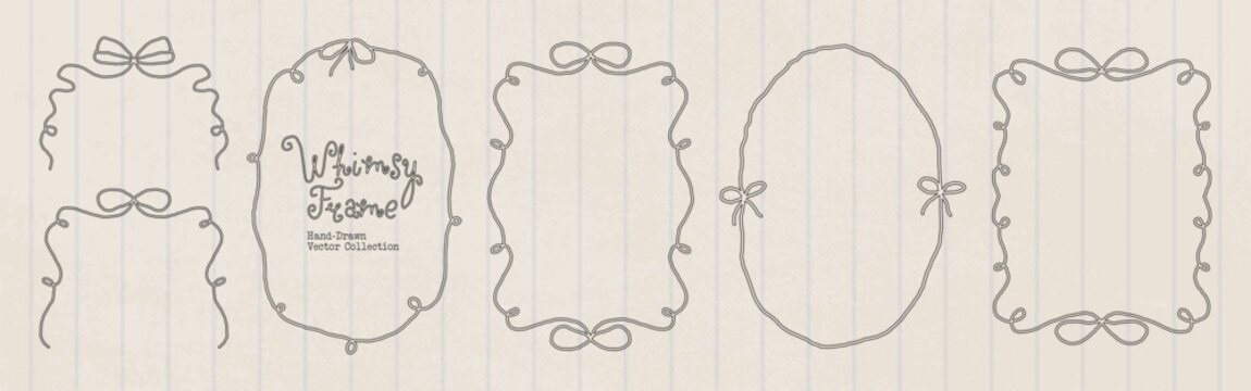 Cute bow frames with naive hand drawn lines, wavy edges and playful oval and rectangular shapes. Whimsical vector doodle borders for invitations, birthday cards, labels, gifts, photos.