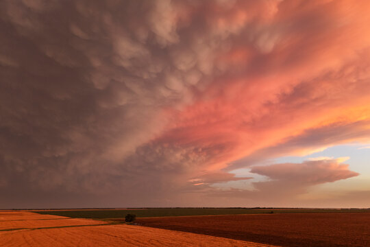 Mammatus clouds at Sunset over farmland in windom, kansas