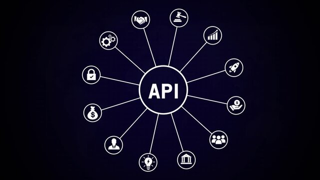 Dynamic api integration concept infographic featuring animated network connections and digital business for software development, cloud computing, data connectivity, and modern enterprise