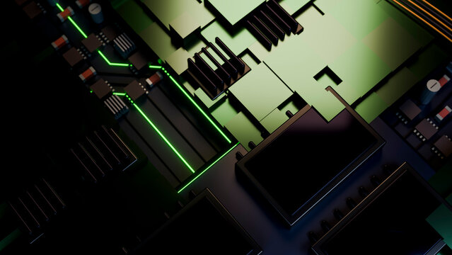 Close-up of circuit board with glowing green light and microchips